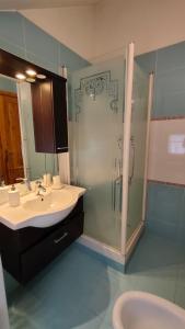 y baño con lavabo y ducha. en Appartamento Bucaneve en Ovindoli