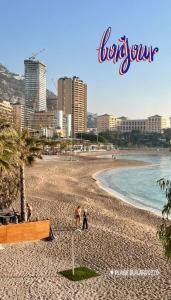 ボーソレイユにあるNew Monaco Penthouse Stunning sea viewの背景の人々が乗る海岸