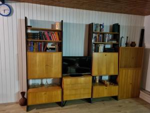 een woonkamer met houten boekenplanken en een televisie bij Ferienhaus Magnolie in Großheubach
