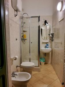 a bathroom with a shower and a toilet and a sink at Pisa Train Stop in Pisa
