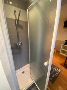 um chuveiro com uma porta de vidro na casa de banho em Studio 96 - Wi fi fibre - Résidence Beauséjour - Proche centre ville em Troyes