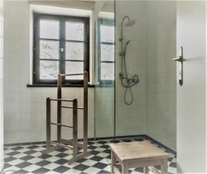 a bathroom with a shower with a chair and a bench at Ferienwohnung Tausendfreund am Chiemsee in Breitbrunn am Chiemsee