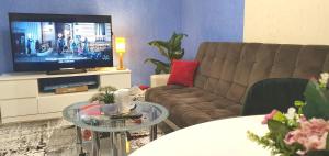 salon z kanapą i telewizorem w obiekcie EMVIKA apartament w Szawlach