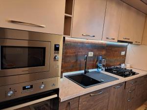 a kitchen with a sink and a microwave at Monica City Apartament in Timişoara