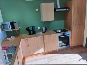 a small kitchen with wooden cabinets and a stove at Gîte l'Ecole de ma Mère in Bertogne