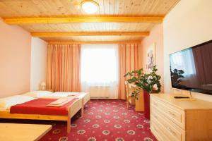 a hotel room with a bed and a flat screen tv at Sport-V-Hotel in Hrotovice