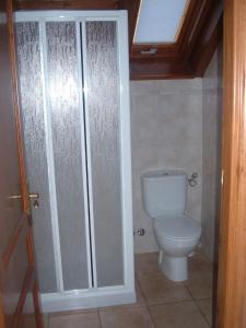 baño con aseo y puerta de ducha de cristal en Ca del Pòsol, en Durro