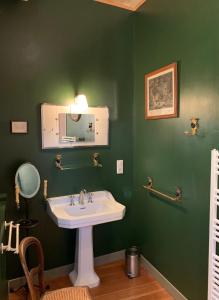 Baño verde con lavabo y espejo en Chambres d'hôtes La Borderie du Gô près de La Rochelle - Nieul, en Nieul-sur-Mer