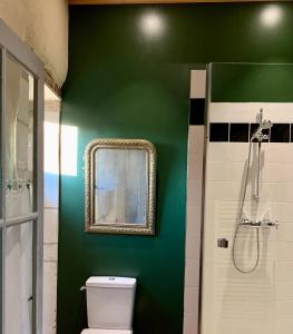 baño verde con aseo y ducha en Chambres d'hôtes La Borderie du Gô près de La Rochelle - Nieul, en Nieul-sur-Mer