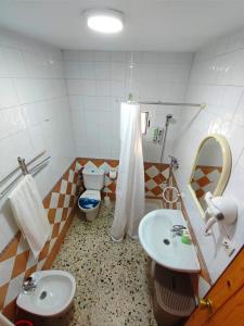bagno con lavandino, servizi igienici e specchio di Casa Almadén 1 a Castilblanco de los Arroyos
