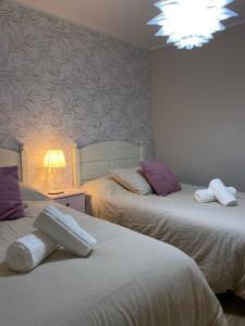 een slaapkamer met 2 bedden en een kroonluchter bij Apartamento Rural El Retablo in Cetina