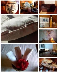 a collage of pictures of a bed with a flower on it at NOMAD ALP B&B in Marthod