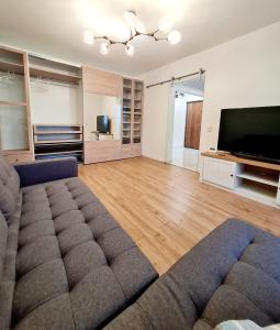 a living room with a couch and a flat screen tv at Eden Apartment in Cluj-Napoca