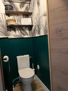 a bathroom with a toilet and a green wall at Entre terre et mer à cassis in Cassis