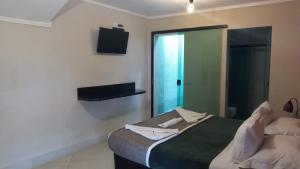 a hotel room with a bed and a television at Pousada Sol e Cia Tur in Caraguatatuba