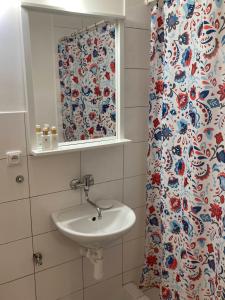 a bathroom with a sink and a shower curtain at Apartment Žižkova 159, Terezín in Terezín