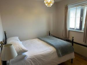 1 dormitorio con 1 cama con lámpara y ventana en Cosy 2 bed, home from home en Haddenham