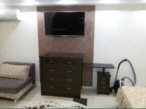 a living room with a couch and a tv on a wall at Апартаменты Анжелика на Богоявленском проспекте in Mykolaiv