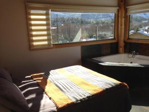 a bathroom with a bath tub and a window at Refugio Ecobox Andino in Las Trancas