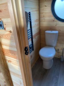 a bathroom with a toilet in a wooden cabin at Powder Mill in Ponsanooth