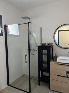 W łazience znajduje się przeszklony prysznic z lustrem. w obiekcie Appartement centre de Roanne 38m2 w mieście Roanne +8 zdjęć
