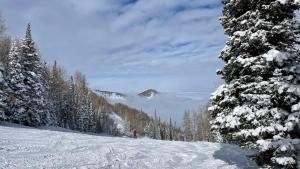 a person is skiing down a snow covered slope at Condo at The Park Hotel in Park City