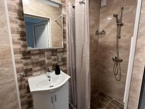 a bathroom with a sink and a shower with a mirror at Pension NV in Lutherstadt Eisleben