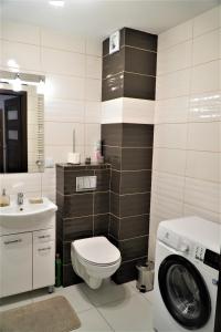 a bathroom with a toilet and a washing machine at Jedenastka in Płock