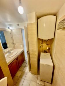 La petite salle de bains est pourvue d'un évier et d'un réfrigérateur. dans l'établissement T2 rue piétonne Le Lavandou climatisé, au Lavandou