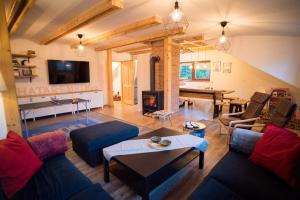 a living room with a couch and a fireplace at Apartmán Remedy in Loučná nad Desnou