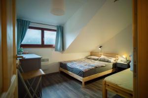 a bedroom with a bed and a desk and a window at Apartmán Remedy in Loučná nad Desnou