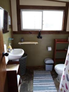 baño con lavabo y aseo y ventana en Cabañas Rincón de Ten Ten, en Castro