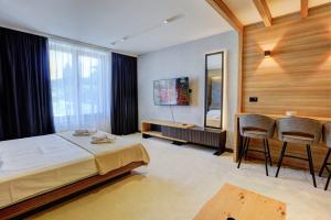 科帕奥尼克Tramontana Kopaonik Woodside 201, FREE Parking & SPA的一间卧室，里面有一张床、一张桌子和几把椅子。