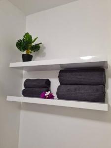 a shelf with towels and a potted plant on it at Studio Ninirei in Papeete