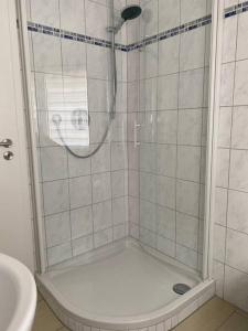 a shower in a bathroom with a sink at Apartment Sonnenschein in Allersberg