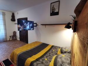 Schlafzimmer mit einem Bett und einem Flachbild-TV in der Unterkunft Un petit nid douillet ensolleillé à Bouxwiller centre in Bouxwiller