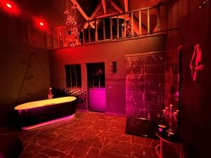 La salle de bains est pourvue d'une baignoire et de lumières violettes. dans l'établissement Loveroom de luxe - Thème 50 nuances de grey maison privative spa insolite, à Douchy-les-Mines