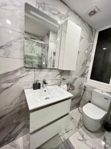 La salle de bains est pourvue d'un lavabo blanc et de toilettes. dans l'établissement Apartamento Zaragoza Centro, à Saragosse