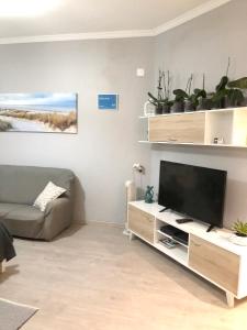 a living room with a television and a couch at 2 bedrooms apartement with sea view private pool and enclosed garden at Lombo Do Doutor 1 km away from the beach in Calheta