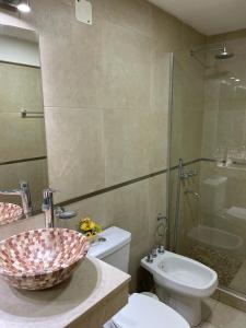 a bathroom with a sink and a toilet and a shower at Dpto en Barrio Norte in San Miguel de Tucumán