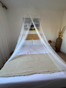 ein Bett mit einem Moskitonetz darüber in der Unterkunft Apartamento Can Giru in Tordera