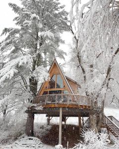 a cabin in the woods with snow on the trees at Willow 