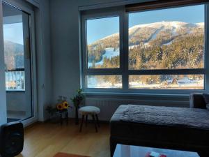 - une chambre dotée de grandes fenêtres offrant une vue sur la montagne dans l'établissement Luxury Apartment Zimska idila, à Bjelašnica
