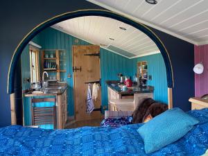 a room with a bed and a kitchen with a mirror at Dôl Swynol Glamping Luxury cabin with outdoor bath in Aberystwyth