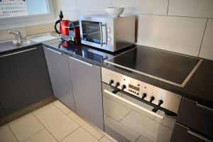 uma cozinha com um micro-ondas e um fogão forno superior em Bright spacious and modern apartment with terrace em Lausana