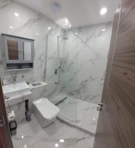 a bathroom with a toilet and a sink and a shower at Contemporary 1 Bed Apartment, In Central Buxton in Buxton