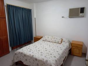 1 dormitorio con cama y cortina azul en Departamento Ameghino en Resistencia