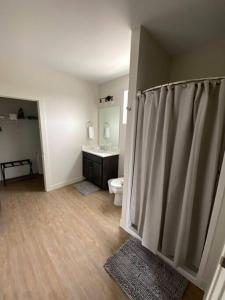 a bathroom with a shower curtain and a toilet at River Front Luxury Furnished Studio Downtown QC in Davenport