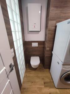 a small bathroom with a toilet and a sink at Apartmán Pod zámkem in Mikulov