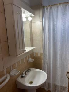 baño con lavabo y cortina de ducha en Departamento Céntrico con Cochera - 2 Ambientes - Tandil en Tandil